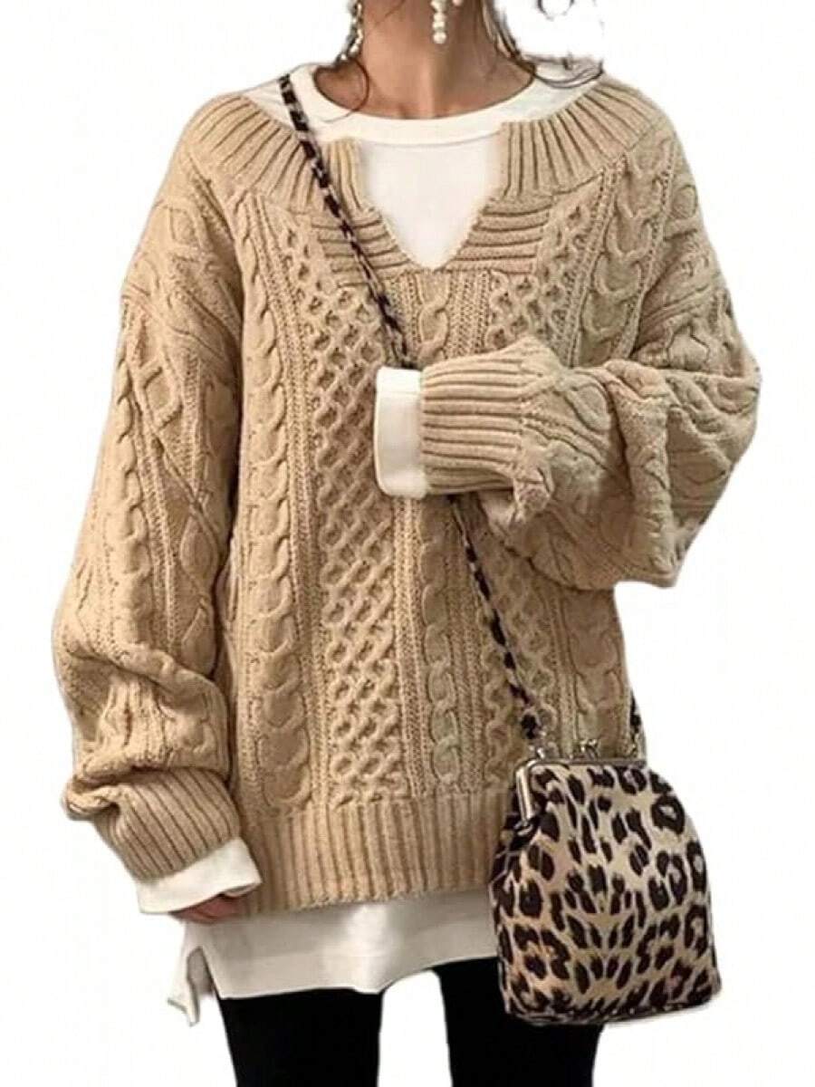 Women's Winter Chunky V Neck Long Sleeve Loose Cable Knit Sweater Pullover/Vacation Outfits Women/Valentine Outfits For Women - 駝色 - 查看 1