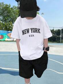 Camiseta de manga corta con cuello redondo y eslogan en inglés de estilo sencillo para niño, ropa de calle para chicos - blanco - Ver 1