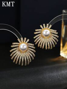 KMT 2pcs Copper Alloy Inlaid Cubic Zirconia & Faux Pearl Exquisite Sparkling Geometric Exaggerated Elegant Women's Fashion Earrings, Suitable For Banquet, Party, Engagement - Fireworks - View 8