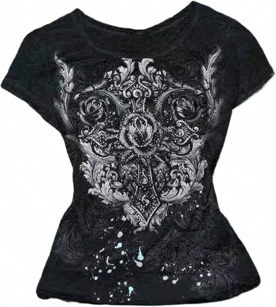 Grunge Shirts Emo Clothes Teen Girls Vintage Graphic Tee Y2k 2000s Goth Top Women Mcbling Short Sleeve StreetwearHalloween Christmas New Year 2026 - 白色黑色 - 查看 1