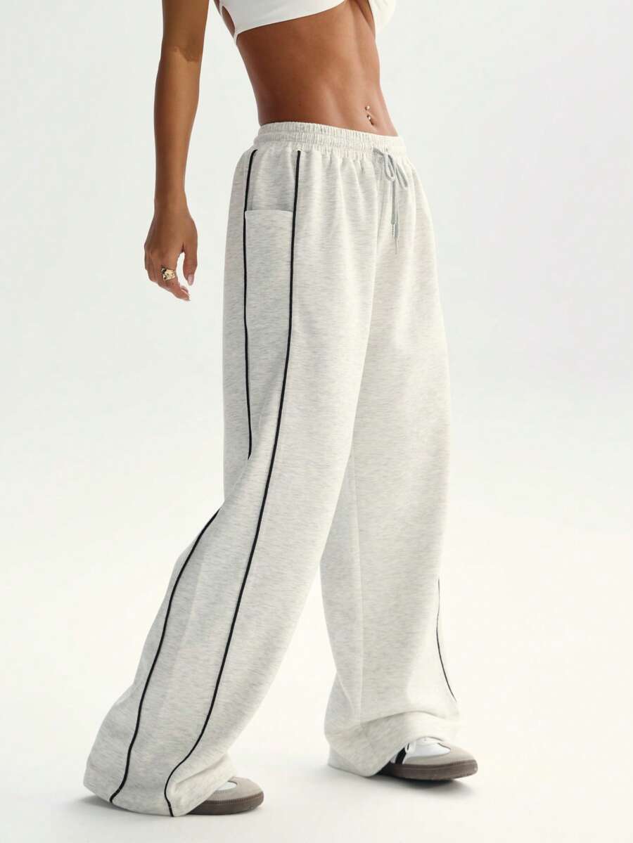 FWH Siluetă lejeră cu picioare largi, Cordon reglabil + Talie elastică, Buzunare laterale spațioase, Pantaloni de trening cu picioare largi pentru femei, Pantaloni casual cu talie elastică, Pantaloni sport supradimensionați, Pantaloni casual cu picioare largi pentru femei - Talie elastică cu cordon și buzunare laterale