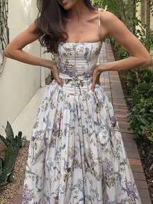 Women's Floral Corset Maxi Dress Summer Spaghetti Strap Backless Beach Party Flowy Long Dress Y2K Summer Wedding Guest Dresses - Màu tím - Xem 3