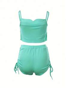 2-Piece Set Of Sexy Home Clothes With Simple Solid Color Printing, Adjustable Button Splicing, Camisole Vest+Fake Button Splicing, Double-Sided Drawstring, And Pleated Home Casual Shorts.The Fabric Feels Comfortable And Skin Friendly - màu xanh hồ - Xem 8