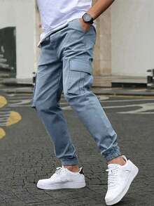 1pc Teen Boy Casual Straight Leg Elastic Cuff Pants With Pockets, Spring/Autumn/Winter - Dusty Blue - View 2