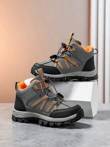 Children's Hiking Shoes, Mid-Top Leather Outdoor Sports Shoes, Non-Slip Wear-Resistant Running Shoes, Adjustable Hook And Loop, Warm For Winter