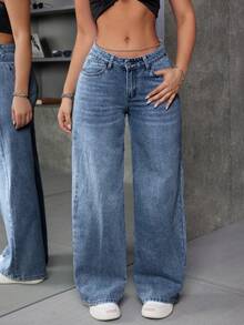 百搭休闲时尚春秋休闲优雅牛仔学院风度假日常旅行机场女式蓝色直筒牛仔裤 - 深色水洗藍 - 查看 4