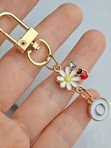 1pc Unisex A-Z Letter Stainless Steel Keychain, Minimalist Letter, Flower, Ladybug Design, Gift For Friends, Bag Pendant - Multicolor - View 9