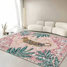 1pc Luxury Vintage Tiger & Floral Striped Totem Area Rug, Soft Faux Wool Wild Animal Farmhouse Style Washable Decorative Carpet For Living Room, Bedroom, Entryway, Bathroom, Hallway, Patio, Kitchen, Indoor Outdoor, All Season Large Mat - Light Pink - Home Decor - Multicolor - View 6