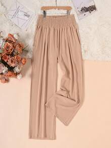 Women High Waist Straight Leg Loose Solid Color Pleated Trousers - Khaki - View 7
