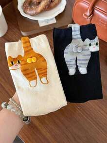 2 đôi tất mỏng họa tiết mèo vá ren cho nữ, tất cổ cao đến bắp chân, màu sắc dễ thương, thích hợp cho mùa thu/đông - Nhiều màu - Xem 9