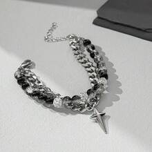 1pc Titanium Steel Double Layer Crackle Beads Bracelet, Unisex Street Hip Hop Style Jewelry Accessory