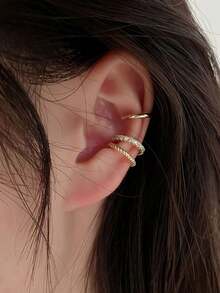 1 Set Of 3 Retro C-Shape Rhinestone Ear Clips Suitable For Women, Daily, Festival, Party - 金色 - 查看 1