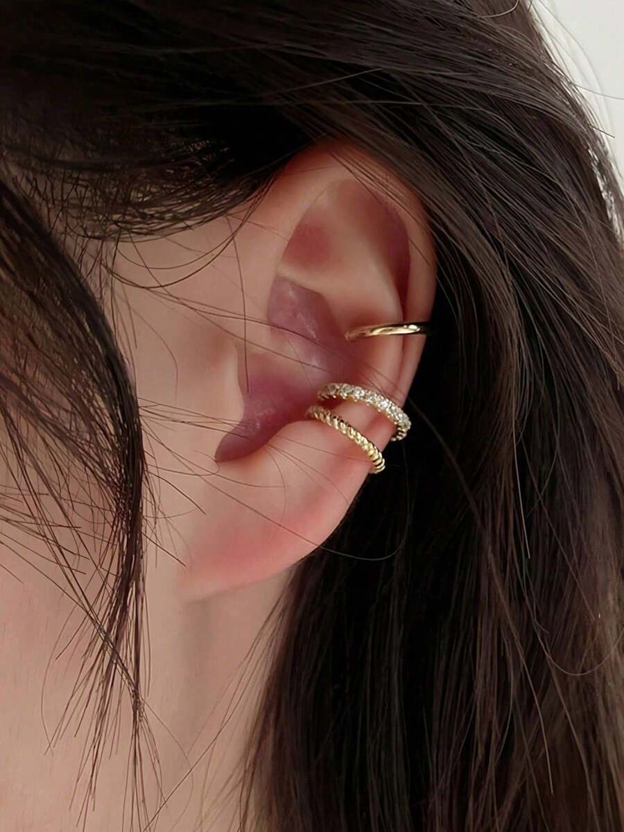 1 Set Of 3 Retro C-Shape Rhinestone Ear Clips Suitable For Women, Daily, Festival, Party - 金色 - 查看 1