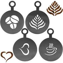 4件套不锈钢咖啡拿铁艺术模具套装，创意图案（咖啡豆、树叶、心形、树叶），非常适合DIY卡布奇诺和热巧克力装饰。可重复使用，食品级，易于清洁。非常适合家庭咖啡师和咖啡店。模具，烘焙模具 - 银色/金色/黑色