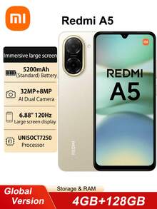 Xiaomi Redmi A5 3GB+64GB 4GB+128GB Wersja globalna Pojemność baterii smartfona 5200mAh 15W Szybkie ładowanie 6,88" Duży ekran Wyświetlacz Dual SIM Android 15 Tylna kamera 32MP