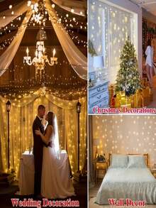 1 300/200/100 LED Vorhang Lichterkette, Fairy Light Streifen mit Fernbedienung, 8 Modi 298,7*298,7/201/100 cm Vorhang Licht, USB-betriebene LED Vorhang Lichterkette, praktischer USB-Anschluss, Metall Vorhang Lichterkette Aufhängevorrichtung, Helligkeit im Schlafbereich