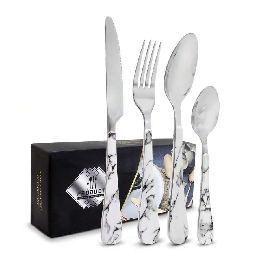 ANDROMEDA INC Juego de Cubierto Acabado Tipo Marmol Acero Inoxidable 16 Piezas - Dorado - Ver 1