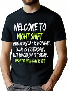 Night  Workers' Humorous Midnight  Tee, Cotton Blend Crew Neck T-Shirt, Regular Fit, with Geometric Applique, for Casual, Running, Training, Hiking, All Seasons