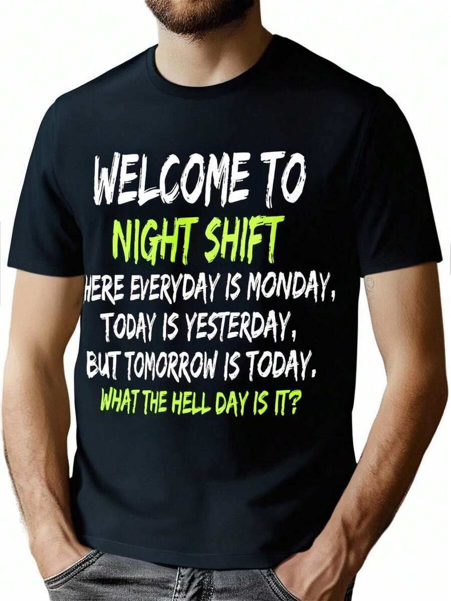 Night  Workers' Humorous Midnight  Tee, Cotton Blend Crew Neck T-Shirt, Regular Fit, with Geometric Applique, for Casual, Running, Training, Hiking, All Seasons