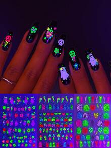 3 tờ nhãn dán móng tay nghệ thuật Halloween màu neon, nhãn dán móng tay hoạt hình ma 3D Goth huỳnh quang, nhãn dán móng tay thiết kế hoa, đầu lâu và mạng nhện, tự làm hoặc sử dụng tại tiệm, phát sáng dưới đèn UV, hoàn hảo cho tiệc đêm, vật dụng dán móng tay nghệ thuật tự dính - Nhiều màu - Xem 2