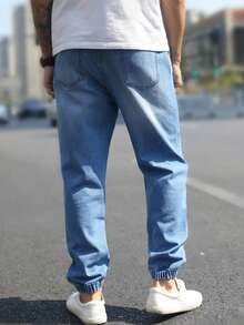 Men's Light Blue Ripped Jogger Jeans - Stretch Denim Pants With Elastic Waist & Tapered Cuff, Distressed Casual Streetwear Skinny Fit Trousers For Daily Wear - 淺色水洗藍 - 查看 3