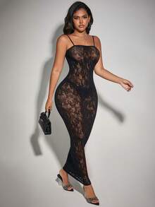 Women Lace Hollow Out Spaghetti Strap Maxi Dress - Black - View 6