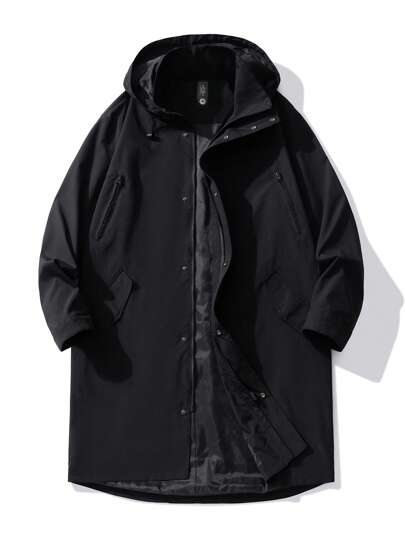 大码中长款风衣，连帽休闲多口袋，适合秋冬季