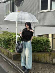 女士纯色斜领春夏短袖抽绳休闲T恤 黑色 - 黑色 - 查看 4