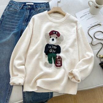 Vintage Cartoon Women's Crew Neck Pullover Sweater, Lamé Color, Collegiate Style, Knit Top For Autumn/Winter