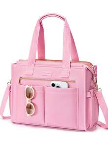 Canvas Tote Bag For Women, 15-Pocket Large Crossbody Handbag Bible Laptop Bag Zipper Bookbag For Teacher Work Travel College - 粉色 - 查看 1