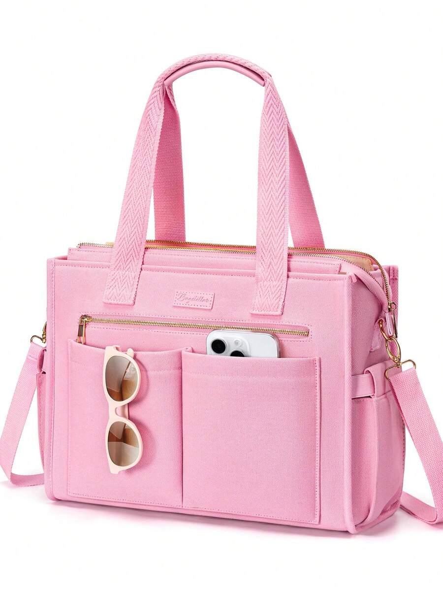 Canvas Tote Bag For Women, 15-Pocket Large Crossbody Handbag Bible Laptop Bag Zipper Bookbag For Teacher Work Travel College - 粉色 - 查看 1