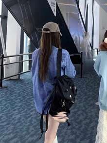 韩版复古休闲格子长袖衬衫，春季 - 藍色 - 查看 5