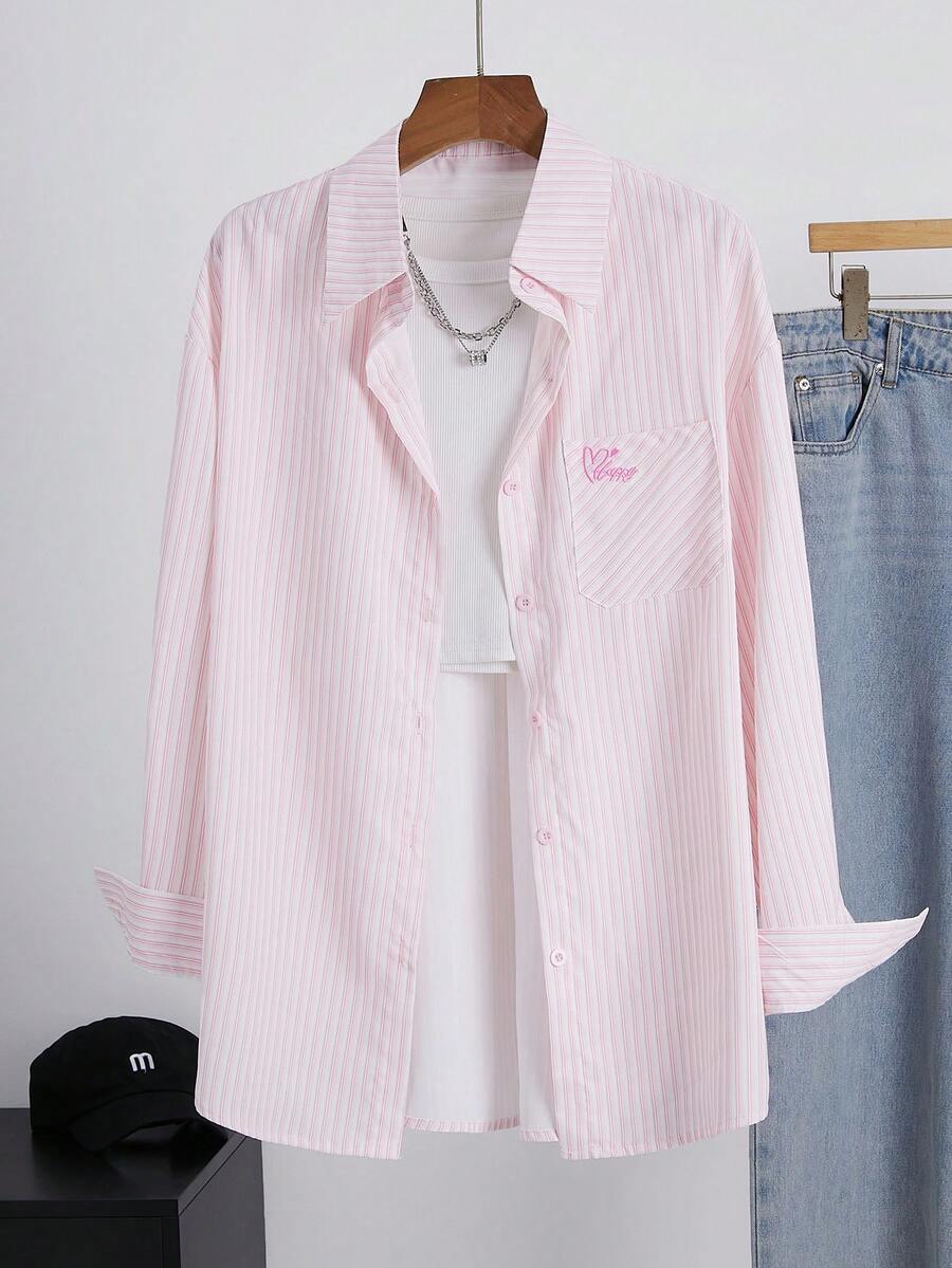 Women's Solid Color Pocket Embroidery Button Casual Shirt - Pink - View 1