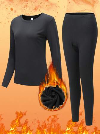 Women's Thermal Underwear Set - Round Neck Long Sleeve Top & Pants In Sleek Black | Thermal Lined, Ultra Warm, Breathable & Slim Fit | Perfect For Lounging At Home, City Commutes, Ski Trips & Hiking | Anti-Static, Quick-Dry Technology | Winter Essential For Fall, Christmas & Holiday Seasons