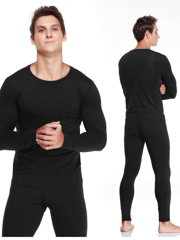 1 Set Men's Round Neck Thermal Underwear Set, Comfortable & Warm For Skiing, Outdoor Activities, Hunting, Work, Intimate Warmth In Autumn/Winter