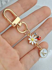 1pc Unisex A-Z Letter Stainless Steel Keychain, Minimalist Letter, Flower, Ladybug Design, Gift For Friends, Bag Pendant - Multicolor - View 22