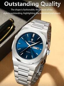 POEDAGAR 男士商务日期星期不锈钢石英表，时尚防水夜光男士腕表，休闲男士腕表，适合日常佩戴，节日男士礼物