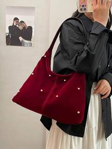 New Fashion Handbag, Sexy Girl Style Tote Bag, Rivet Bag, Ladies Commuter Personalized Velvet Crossbody Bag - Burgundy - View 6