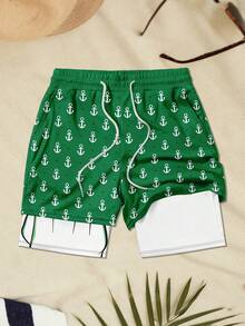 Men's Breathable Cartoon Duck Print Drawstring Waist Double Layer Beach Shorts - Green - View 3