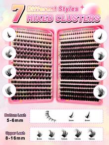 560pcs D Curl Fluffy Lashes Cluster Lash Extension Kit With 80pcs Bottom Lashes And 6 Styles Mixed 8-16mm Length Mixed Fluffy 60D+80D+100D Individual Lashes Cluster Segmented Spikes D Curl Eyelash Extension - D - View 2