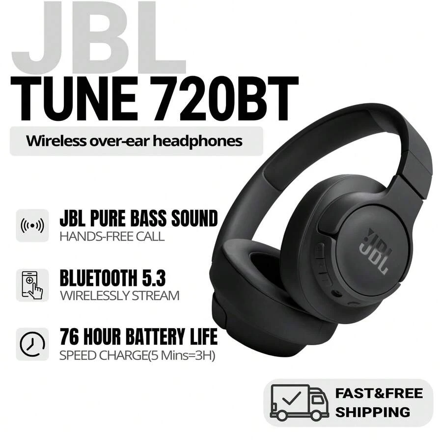 Tune 720BT - 无线包耳式耳机，配备 JBL Pure Bass 音效、蓝牙 5.3、长达 76 小时的电池续航时间和快速充电、轻巧、舒适、可折叠设计（黑色） - 黑色 - 查看 1