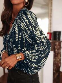 Women's Spring/Summer Vacation Allover Print Shirt - Elegant Lantern Sleeve, Button Collar, Lightweight Polyester, All-Over Allover Print Summer Shirt - Blue - View 2