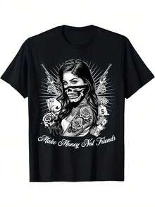 Chicano Gangsta Style T-Shirt - Mexican- Streetwear With Skull & Bandana Print, Short Sleeve Round Neck Casual Summer Tee, 95% /5% Spandex For Urban Outfits & Hispanic Culture Apparel - 黑色 - 查看 1