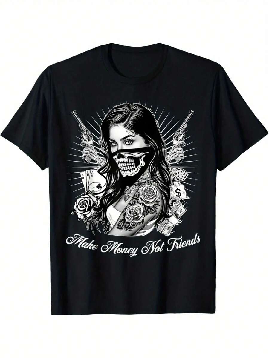 Chicano Gangsta Style T-Shirt - Mexican- Streetwear With Skull & Bandana Print, Short Sleeve Round Neck Casual Summer Tee, 95% /5% Spandex For Urban Outfits & Hispanic Culture Apparel - 黑色 - 查看 1