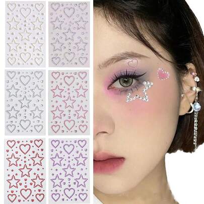 爱心五芒星多色闪亮立体宝石贴纸，适用于化妆、节日派对、Y2K风格音乐节、DIY眼部面部宝石贴纸，适合舞蹈表演、派对、舞台角色扮演、婚礼、假纹身、杂物箱饰品套装/美甲饰品
