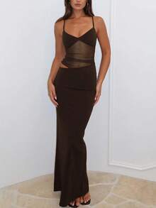 A Sexy Gauze Gauze Splicing Asymmetrical Hollow Halter Slimming Dress Multi-Color Optional