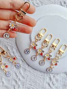 1pc Unisex A-Z Letter Stainless Steel Keychain, Minimalist Letter, Flower, Ladybug Design, Gift For Friends, Bag Pendant - Multicolor - View 2