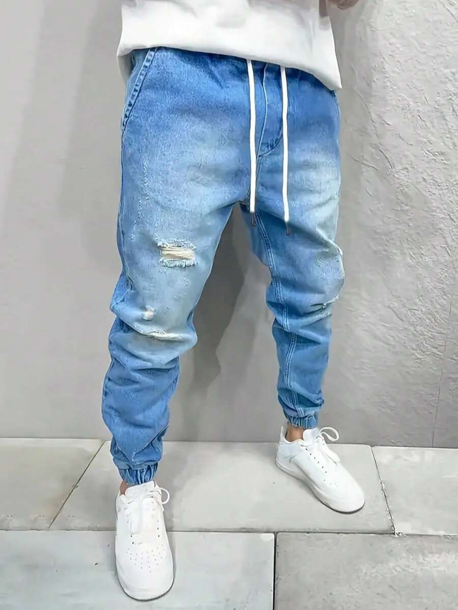 Men's Light Blue Ripped Jogger Jeans - Stretch Denim Pants With Elastic Waist & Tapered Cuff, Distressed Casual Streetwear Skinny Fit Trousers For Daily Wear - 淺色水洗藍 - 查看 1