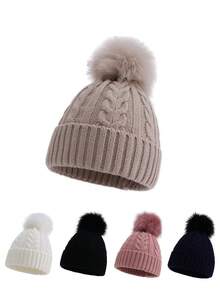 1 件婴儿针织帽，带绒球，适合幼儿男孩和女孩的温暖无檐小帽，秋冬 - 1PC - 查看 1