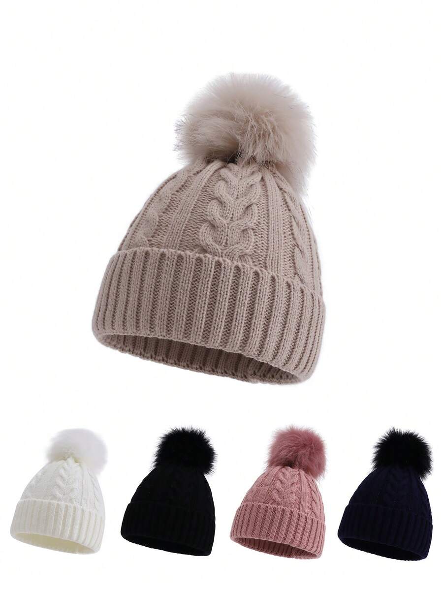 1 件婴儿针织帽，带绒球，适合幼儿男孩和女孩的温暖无檐小帽，秋冬 - 1PC - 查看 1